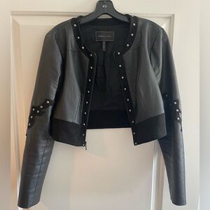 BCBG Maxazria crop black leather jacket size S